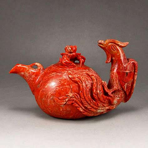 Hand-carved-Natural-Shoushan-Stone-Phoenix----Teapot carved-Natural-Shoushan-Red Stone-Phoenix----Teapot