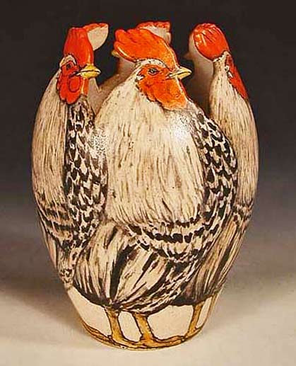 Hand-Painted-Pottery-by-Nan-Hamilton-in-Boston Rooster vase by Nan Hamilton