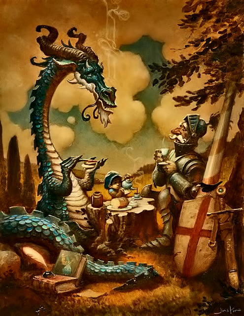 justin-gerard-reluctant-dragon-495x640 The-reluctant-dragon-painting by Justin-Gerard