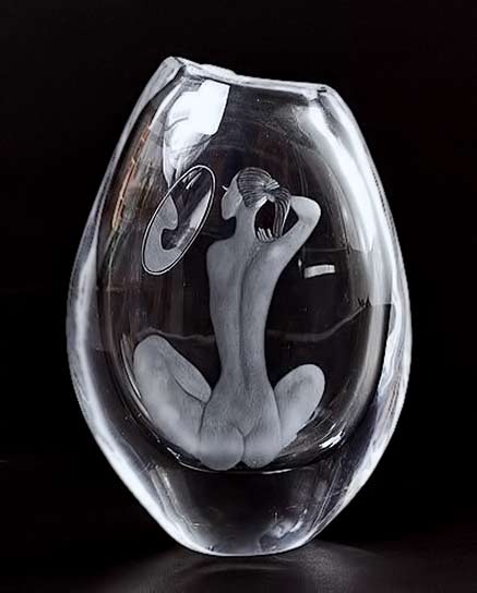 Heavy-clear-glass-vase-Vanity--design-Vicke-Lindstrand-1959-executed-by-Kosta Heavy clear glass vase Vanity with engraved decoration of sitting woman before mirror design Vicke Lindstrand 1959 executed by Kosta