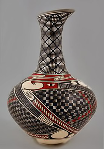 Hector-Gallegos -mata-otiz-bottle-343x491 Hector-Gallegos urn with a Quetzalcoatl serpent and Native American feather symbol