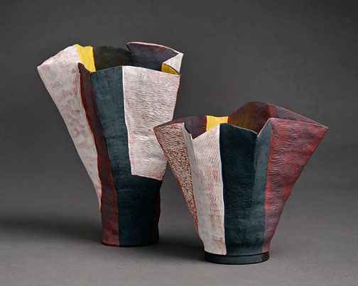 ceramic-pleated-bells--helen-fuller Helen_FullerHELEN-FULLER-Pleated-Bells,-2013-Hand-built-terracotta-coil-pots,-oxides,-white-slip