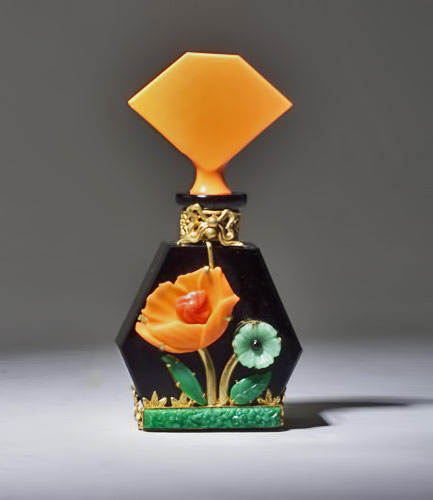 Hoffman-perfume-bottle-art-deco Heinrich Hoffman perfume bottle, circa-1920s,-in-opaque black and orange crystal with metalwork and jewels