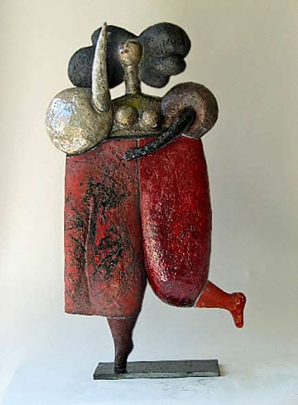 Hopping--Roger-Capron-- raku lady in baggy red pants hopping by Roger Capron