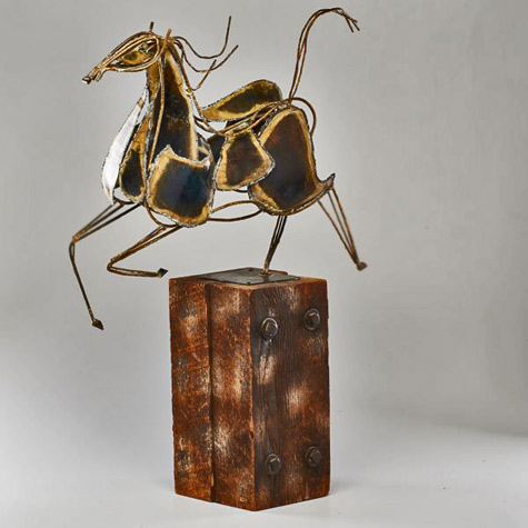 Metal-horse-sculpture Horse-wall-sculpture-with-flowing-mane-and-tabletop-with-square-base,-Los-Angeles,-CA,-1969-1984-C