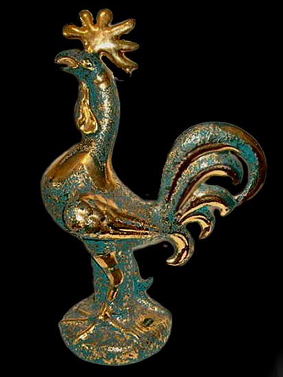 huge-17-inch-sascha-brastoff-rooster-ceramic_ sascha-brastoff-green and gold rooster