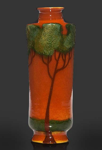 Weller-Faience-vase Humler-and-Nolan-Weller-Faience-vase,-Rhead-like-trees, in orange and green