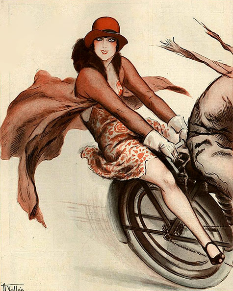 Illustration-by-Armand-Vallee-For-La-Vie-Parisienne-1920s-#art-deco Art Deco Illustration by Armand Vallee for La Vie Parisienne-1920's Flapper on back of motobike