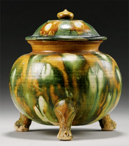 Incense-burner-Chinese-Sancai 3-color' Incense burner Chinese Sancai 3 color' tripod incense burner lead-‐based glazes mixed with copper (green) and iron (amber-brown).