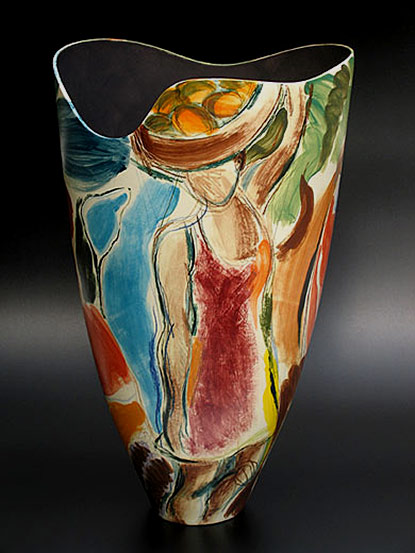 Ingrid_Saag-vase-2011 Ingrid_Saag Mango Pickers vase - lady carrying mangoes on her head