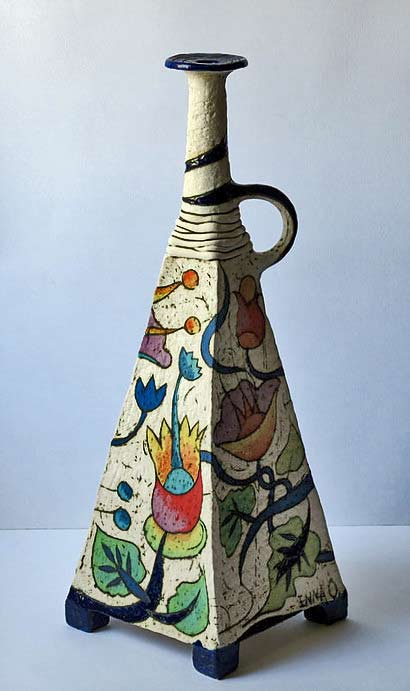 Inna-Olshansky-pyramid-bottle Inna Olshansky ceramic bottle with floral decoration