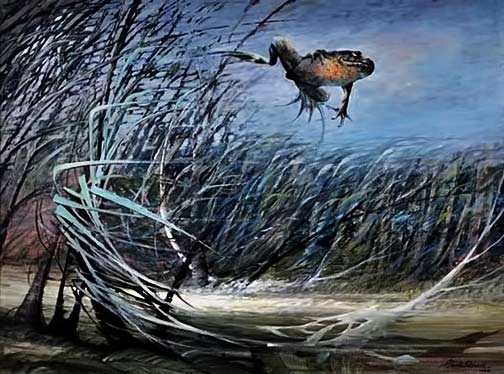 Ainslie-Roberts,-Sound-of-Wind--painting Ainslie-Roberts,-Sound-of-Wind painting of a leaping frog in the reeds