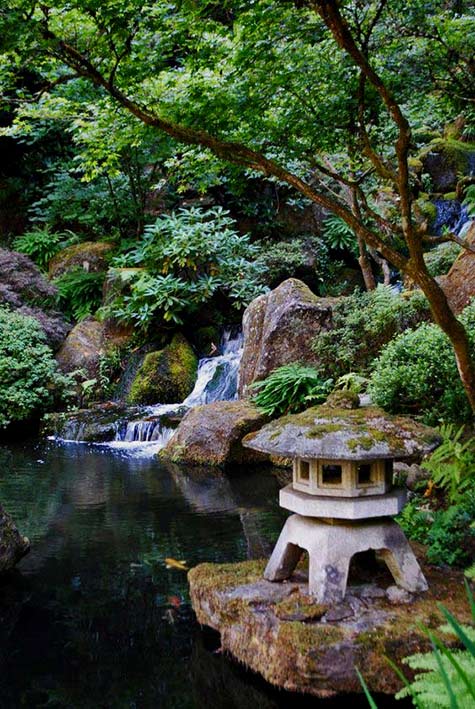 Japanese-Garden-stone-pagoda Japanese garden with waterfall and pagoda