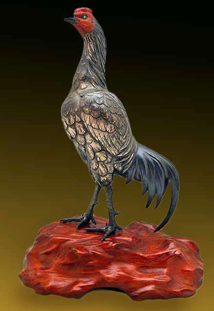 Japanese-Meiji-multi-metal-Okimono---Rooster-- Meiji-multi-metal-Okimono---Rooster,on red rock