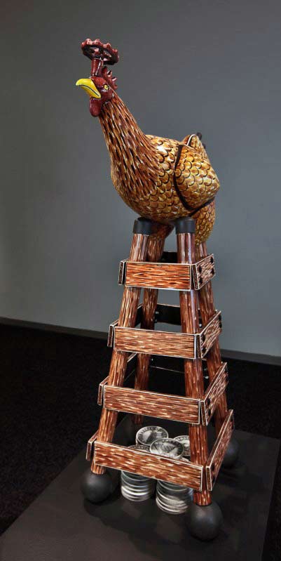 Jason-Walker,-'Cage-Free-Capitalism'-detail,-2014,-stoneware,-porcelain,-and-china-paint, Jason-Walker, rooster sculpture