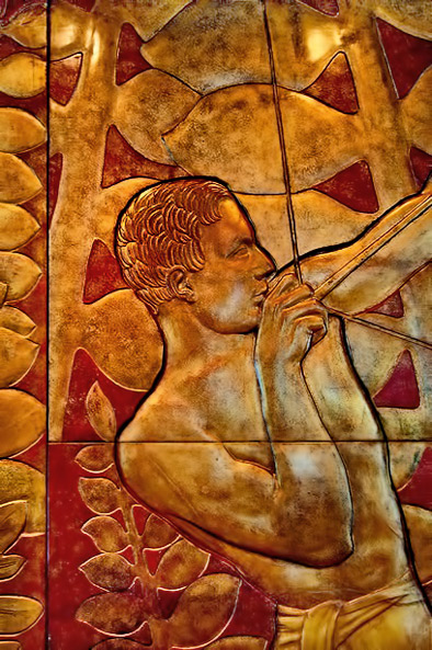 jean-dunand-la-chasse-panel-394x593 Jean-Dunand---lacquered-panel-from-'La-Chasse' of a bare chested man shooting an arrow