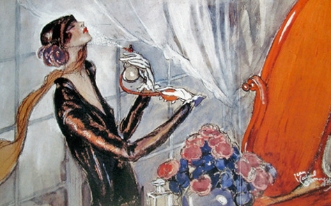 Jean-Gabriel-Domergue-painting Jean-Gabriel-Domergue A lady spraying perfume - art deco