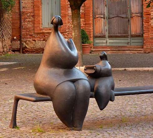 Jean Louis Toutain.1948.France Jean Louis Toutain sculpture Mother and child sea5ted on a bench in Blagnac