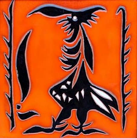 Jean-LURCAT-(1892-1966)-Ceramic-tile-depicting-a-black-rooster-on-the-bottom Jean Lucrat stylized rooster ceramic tile