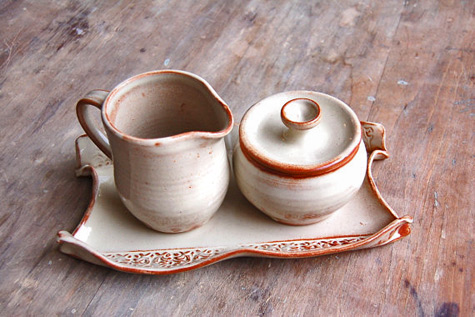 Jennifer-Burke-pottery Jennifer-Burke-Pottery - creamer and sugar bowl on small tray