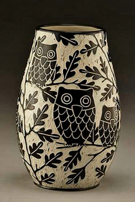 Jennifer-Falter-Owl-Ceramic-Vase- Jennifer-Falter-sgraffito Owl-Ceramic-Vase in black on white