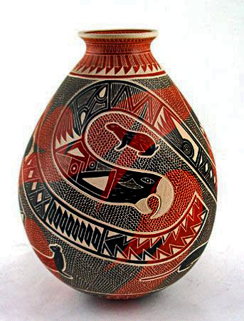 jesus-olivas-quintana-pottery-343x450 Jesus-Olivas-Quintana sgraffito olla in red, black and white
