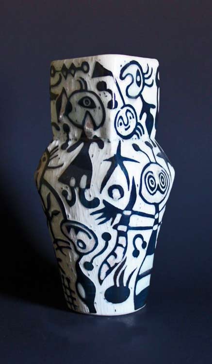 Jim-Mulfinger,-2010---Miro-inspired-black-slip-sgrafitto-over-porcelain-with-clear-glaze-thrown-and-altered-vase Jim Mulfinger, 2010 - Miro inspired black slip sgrafitto over porcelain with clear glaze thrown and altered vase