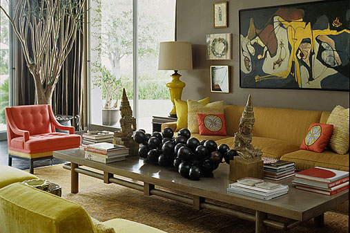 John-Coolidge interior-decorating John-Coolidge interior design with a pair of Siamese bookends, large abstract mural