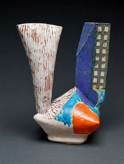 john-gill-ceramic-ewer abstract form- red-turquoise, white and blue coloured glaze