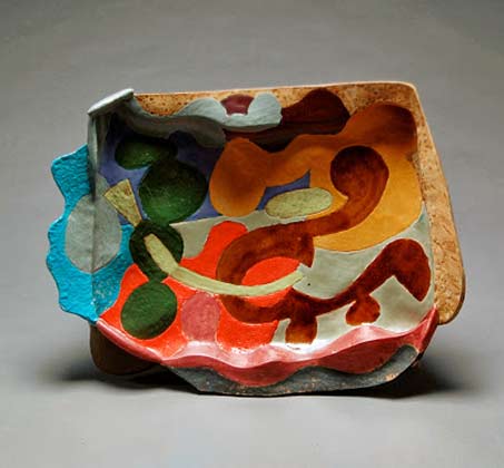 John Gill ceramic platter with abstract motif in muerous colours