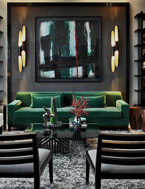 John-Jacob-Interiors-rich-modernist-decor John-Jacob-Interiors---green-velvet-sofa-with-tall-green-ceramic-bottle-and-dancing-figurine-sculpture