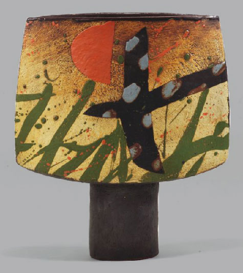 JOHN-MALTBY-(born-1936);-a-large-stoneware-spade-vase,-stylised-landscape-decoration-with-bird-flying JOHN MALTBY large stoneware spade vase, stylised landscape decoration with bird flying