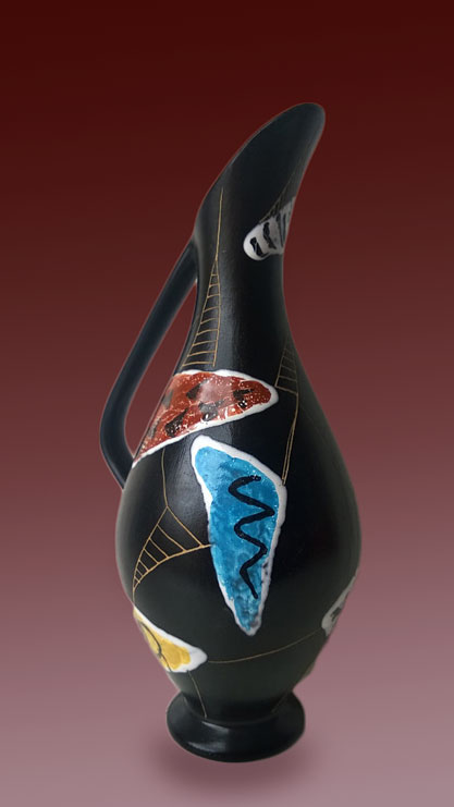 Jopeko-Keramik,-Handled-Vase-vintage Jopeko-Keramik,-Handled-Vase,-Black,-Yellow,-Blue,-Red,-Decor-'Ulla'