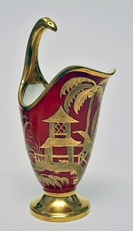 French-Porcelain-jug French Porcelain red, gold and lacquer jug with gold pagoda and palm tree