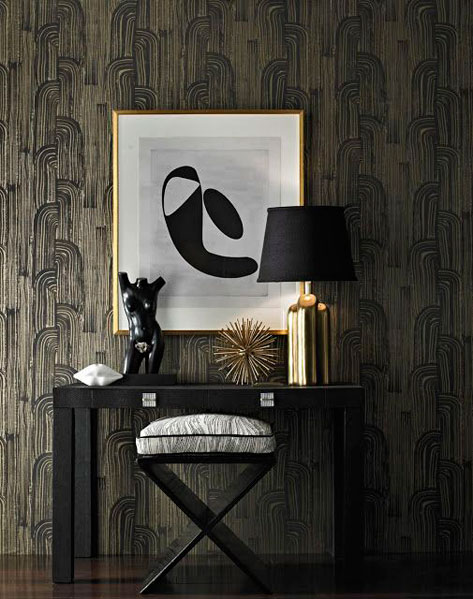 Kelly-Wearstler-interior-design Kelly-Wearstler-wallpaper-design with matching gold ceramic lamp
