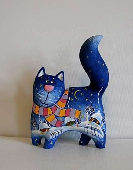 Kitten-Winter-wooden-cat Kitten-Winter-walk,-wood-sculpture-author's-signature---the-kitten