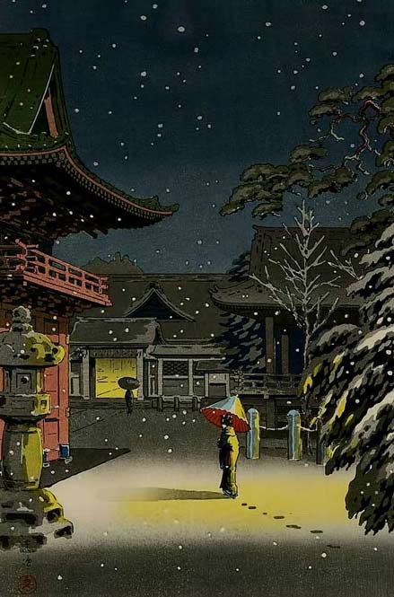 Snow-at-Nezu-shrine-Koitsu KOITSU-Japanese-Woodblock-Print-SNOW-AT-NEZU-SHRINE-1934