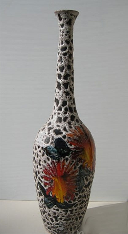 La-RoueVery-tall-and-elegant-Vase-by-the-La-Roue-studio-Vallauris.-Glazed-with-a-Lava-type-Glaze-with-enamelled-floral-decor La RoueVery tall and elegant Vase by the La Roue studio Vallauris. Glazed with a Lava type Glaze with enamelled floral decor.