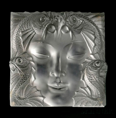 lalique-fontaine -poissons -panel -53x461 Lalique Fontaine Poissons Panel design date 1935 ~ Square frosted glass panel molded in relief