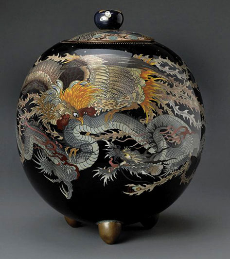large-cloisonné-enamel-jar-and-cover-Meiji-period-The-slightly-faceted-sides-of-the-globular-body-decorated-with-battling-phoenix-and-dragon large-cloisonné-enamel-jar-and-cover-Meiji-period-The-slightly-faceted-sides-of-the-globular-body-decorated-with-battling-phoenix-and-dragon