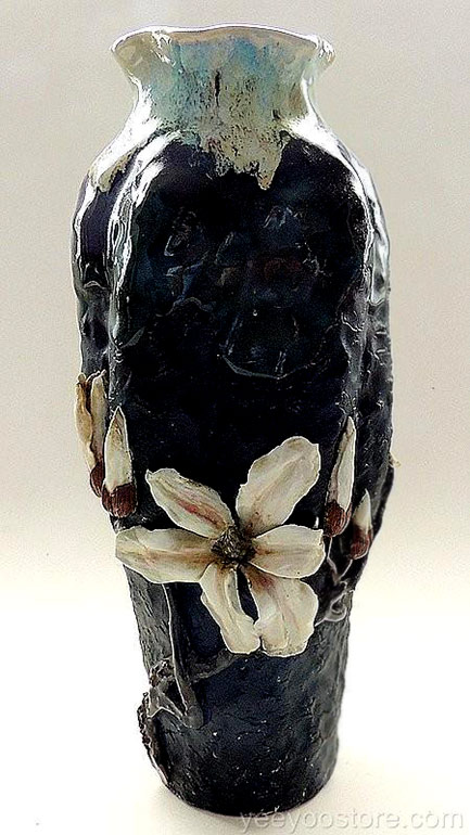 large-&-signed-japanese-sumida-pottery-magnolia-pinched-vase Large-&-signed-Japanese-Sumida-pottery-magnolia-pinched-vase