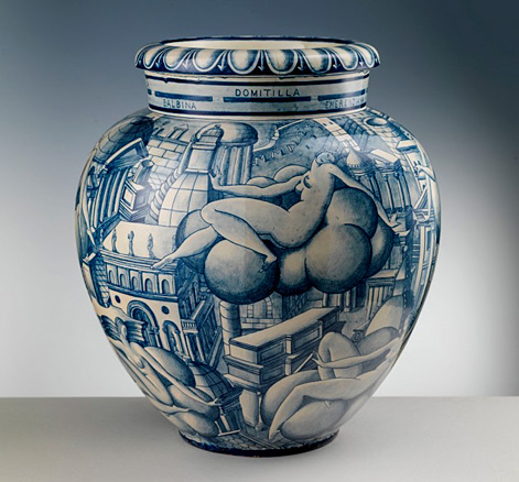 Gino-Ponti-majolica Large-vase-'Women-on-clouds',-1923-(conceived),-1924-1925-(executed),-maiolica-painted-monochrome-blue