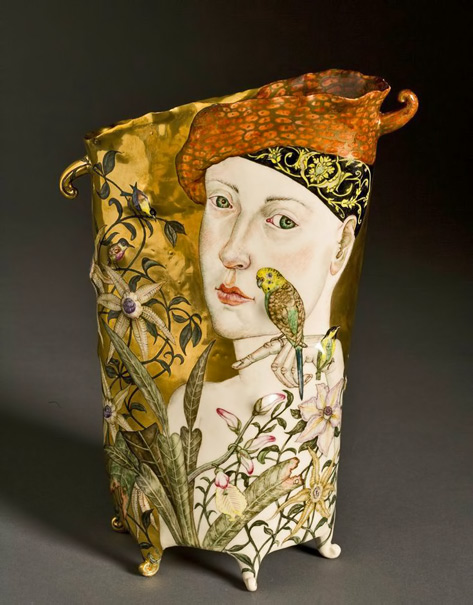 Irina-Zaytceva-vase Last-Day-of-Summer-(front)-by-Irina-Zaytceva - footed vase with female motif and botanical decoration