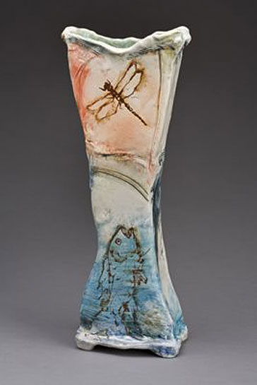 Laurie-Shaman-ceramic-art Laurie-Shaman dragonfly and fish vase
