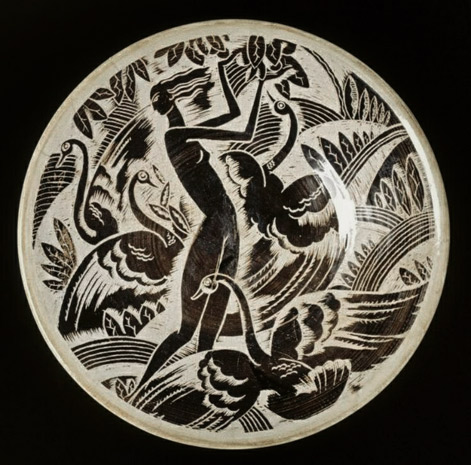 Viktor-Schreckengost-art-deco-charger Leda-and-the-Swan,-1931-1932-designed-by-Viktor-Schreckengost-(American,-1906-2008),-made-at-Cowan-Pottery