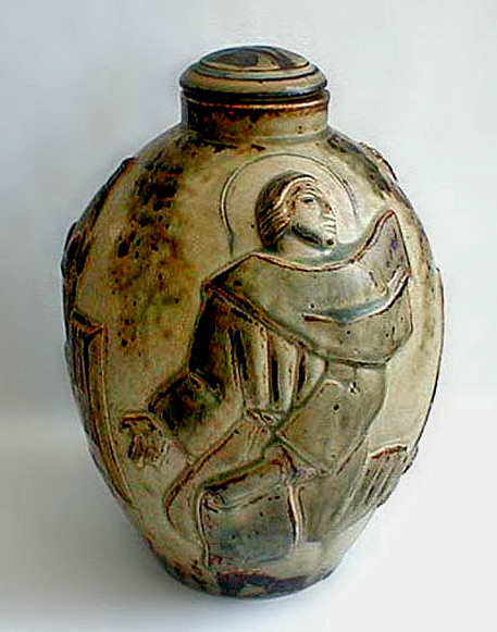 Jais-Neilsen-royal-copenhagen-jar Lidded-Jar-with-relief-decoration.-Olive-green,-cream-and-brown-colored-glaze - Copy