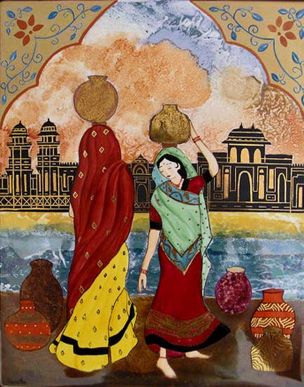 Danielle Adjoubel-ceramic-tile limoges-porcelain-20x25cm-an-indian-view-decorated-with-gold-and-lustres - Ceramic tile by Danielle Adjoubel