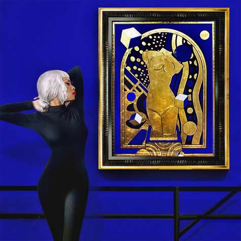 Lina-Viktor-UK-and-NY Lina-Iris-Viktor-Paints-with-Gold, blue, black and white