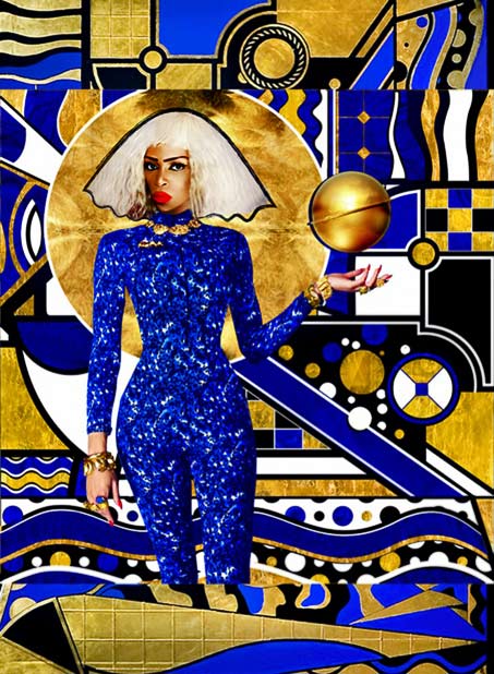 Lina-Viktor-golden-art Lina-Viktor-gilded-art----wearing a blue jump suit and holdiing a golden orb