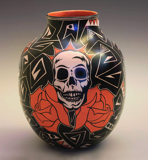 Lisa-Holt--Harlan-Reano-skull-pot-475x515 Lisa Holt- Harlan Reano--Cochiti--Santo-Domingo--Kewa-Pottery-Pottery-----ollas